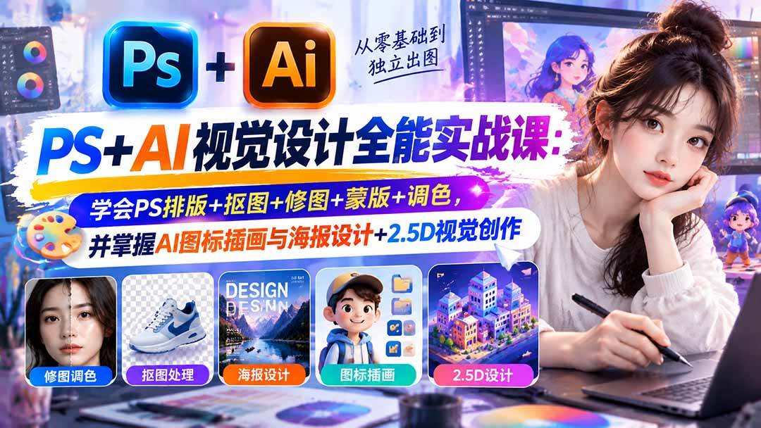 (20749期)【无水印】PS+AI视觉设计全能实战课:学会PS排版+抠图+修图+蒙版+调色,并掌握AI图标插画与海报设计+2.5D视觉创作-来友网创