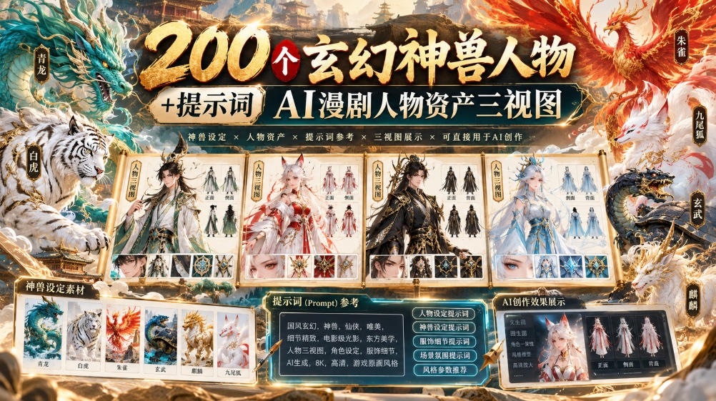 200个玄幻神兽人物+提示词ai漫剧人物资产三视图-来友网创