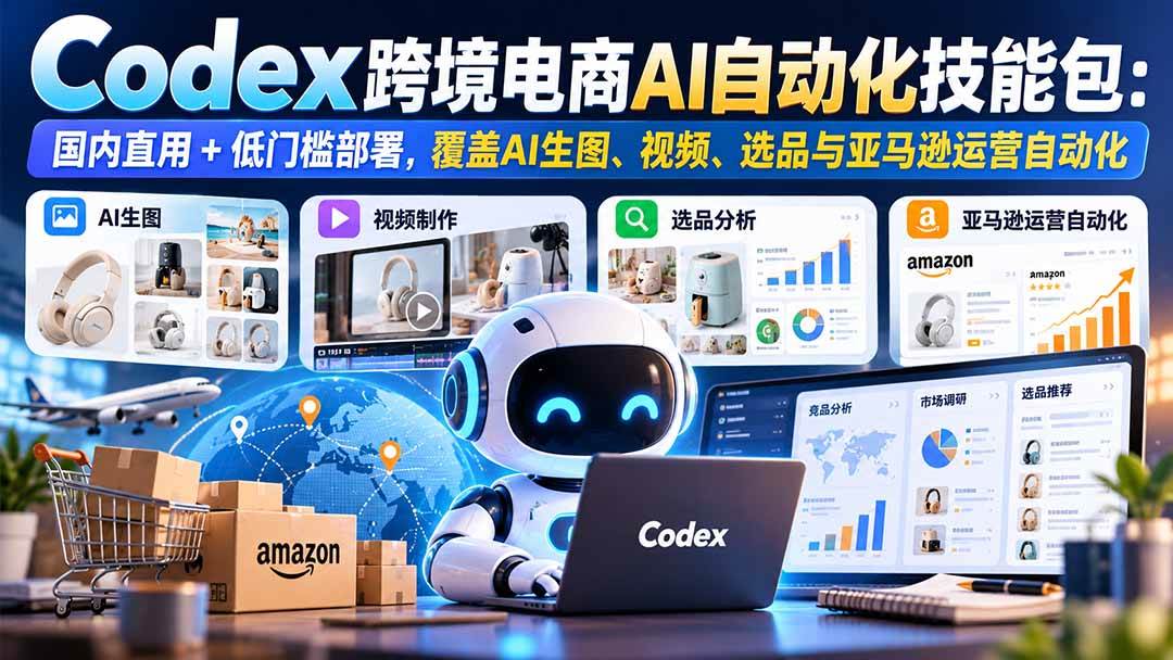 (20752期)【无水印】Codex跨境电商AI自动化技能包:国内直用+低门槛部署,覆盖AI生图、视频、选品与亚马逊运营自动化-来友网创