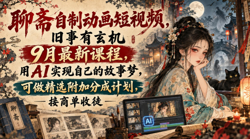 聊斋自制动画短视频,旧事有玄机9月最新课程,用AI实现自己的故事梦,可做精选附加分成计划,接商单收徒-来友网创