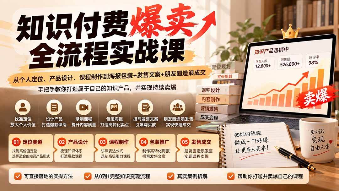 (20787期)【无水印】知识付费爆卖全流程实战课:从个人定位、产品设计、课程制作到海报包装+发售文案+朋友圈造浪成交-来友网创