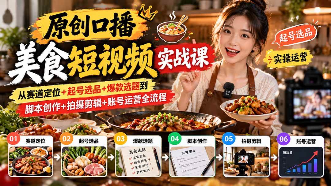 (20786期)原创口播美食短视频实战课:从赛道定位+起号选品+爆款选题到脚本创作+拍摄剪辑+账号运营全流程-来友网创