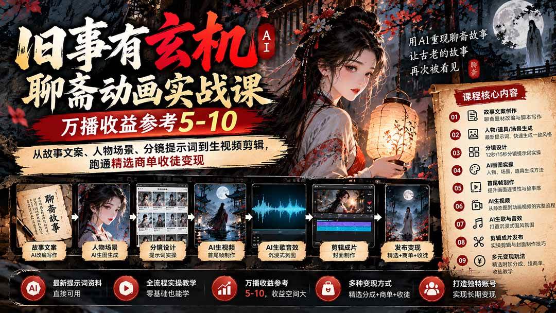 (20789期)旧事有玄机AI聊斋动画实战9月新课:万播收益参考5-10,从故事文案、人物场景到分镜生视频,跑通精选商单收徒-来友网创