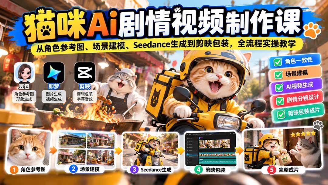 (20793期)猫咪AI剧情视频制作课:从角色参考图、场景建模、Seedance生成到剪映包装,全流程实操教学-来友网创