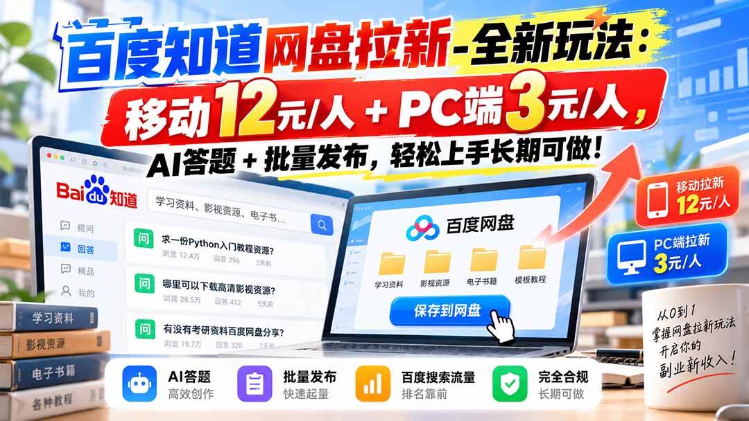 (20794期)百度知道网盘拉新-全新玩法:移动12元/人+PC端3元/人,AI答题+批量发布,轻松上手长期可做!-来友网创