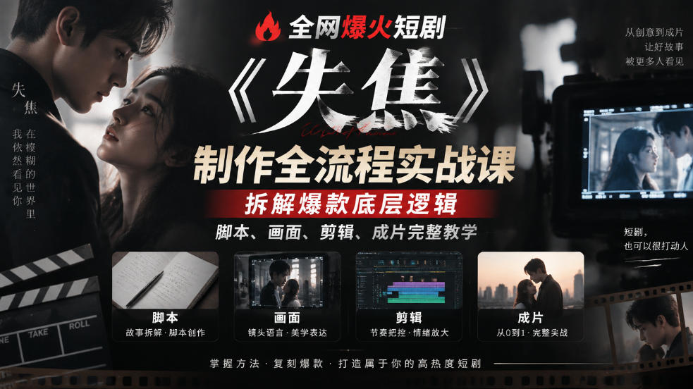 全网爆火短剧《失焦》制作全流程实战课|拆解爆款底层逻辑,脚本、画面、剪辑、成片完整教学-来友网创