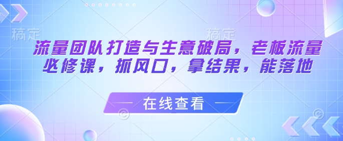 流量团队打造与生意破局，老板流量必修课，抓风口，拿结果，能落地-来友网创