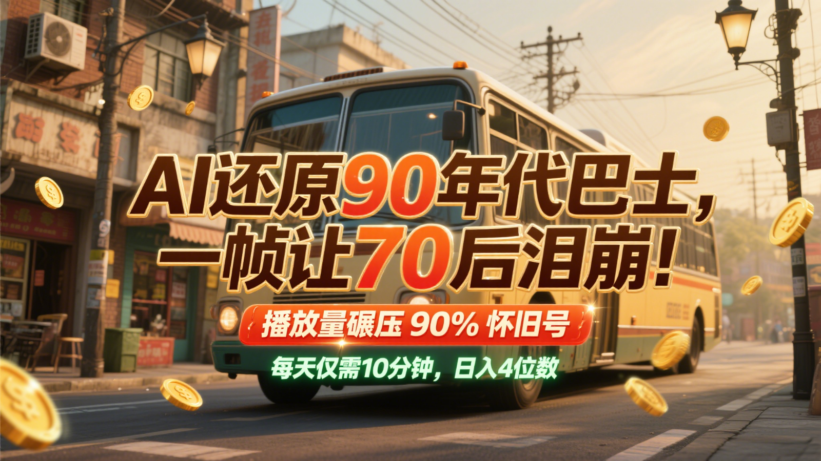 AI还原90年代巴士，一帧让70后泪崩！播放量碾压90%怀旧号，每天10分钟，日入4位数-来友网创