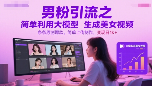 男粉引流之简单利用大模型生成美女视频，条条原创爆款，简单上传制作，变现日1k+-来友网创