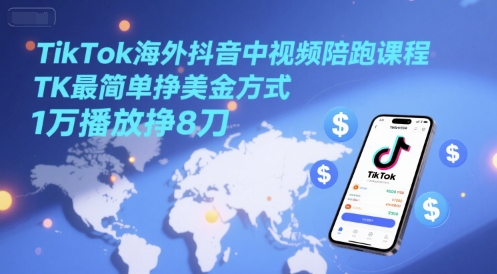 TikTok海外抖音中视频陪跑课程，TK最简单挣美金方式，1万播放挣8刀-来友网创