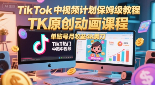 TikTok中视频计划保姆级教程，TK原创动画课程，单账号月收益4k美刀-来友网创