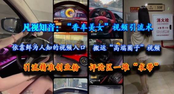 凡视知音：“香车美女”视频引流术，依靠鲜为人知的视频入口，搬运“高端圈子”视频，引流精准创业粉，评论区一堆“求带”-来友网创