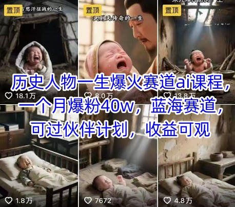 历史人物一生爆火赛道ai课程，一个月爆粉40w，蓝海赛道，可过伙伴计划，收益可观-来友网创