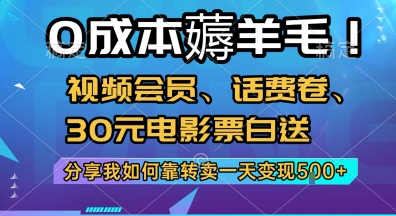 0成本薅羊毛!视频会员、话费卷、30元电影票白送，分享我如何靠转卖一天变现5张+【揭秘】-来友网创