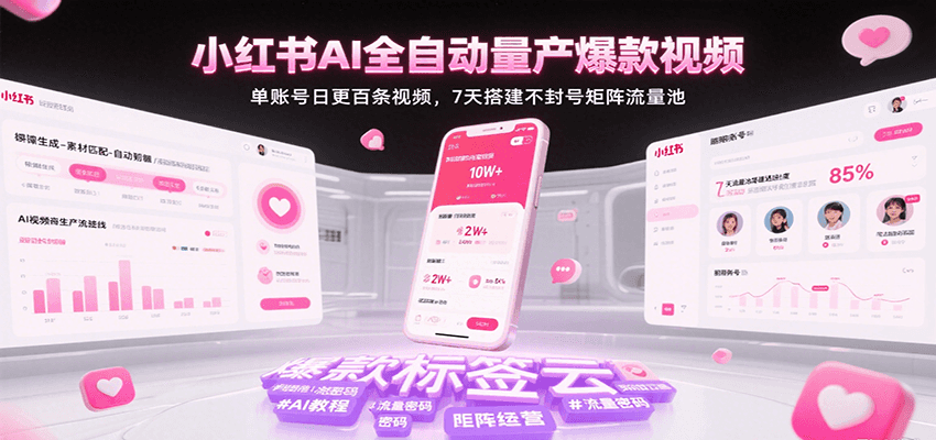 小红书AI全自动量产爆款视频，单账号日更百条视频，7天搭建不封号矩阵流量池-来友网创