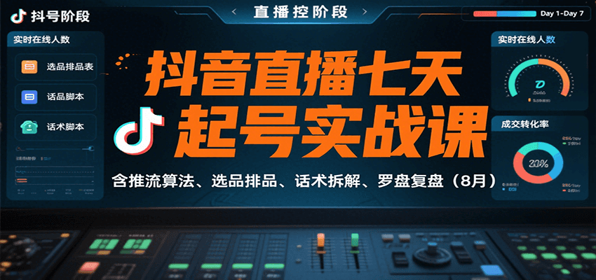 抖音直播七天起号实战课：含推流算法、选品排品、话术拆解、罗盘复盘（8月）-来友网创