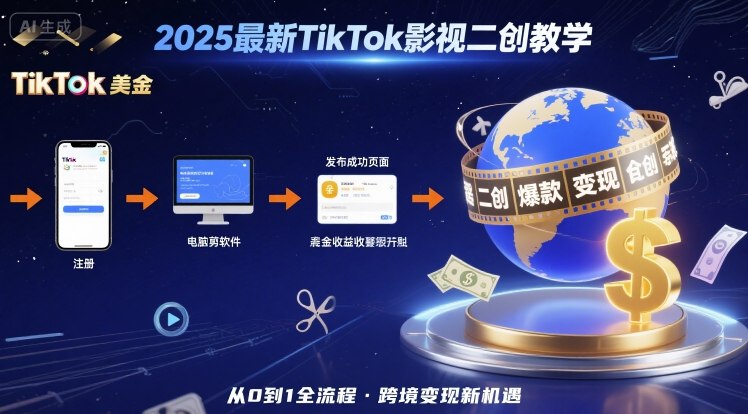 2025年最新TikTok影视二创教学，从注册到发布撸美金全流程，跨境变现新机遇-来友网创