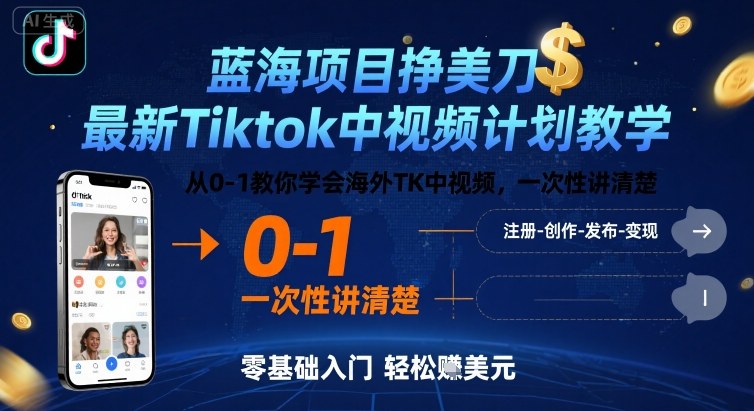 蓝海项目挣美刀，最新Tiktok中视频计划教学，从0-1教你学会海外TK中视频，一次性讲清楚-来友网创