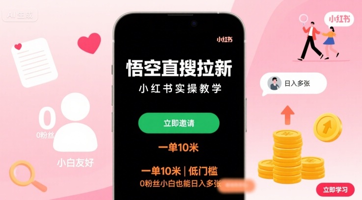悟空直搜拉新小红书实操教学，一单10米，低门槛，0粉丝小白也能日入多张-来友网创