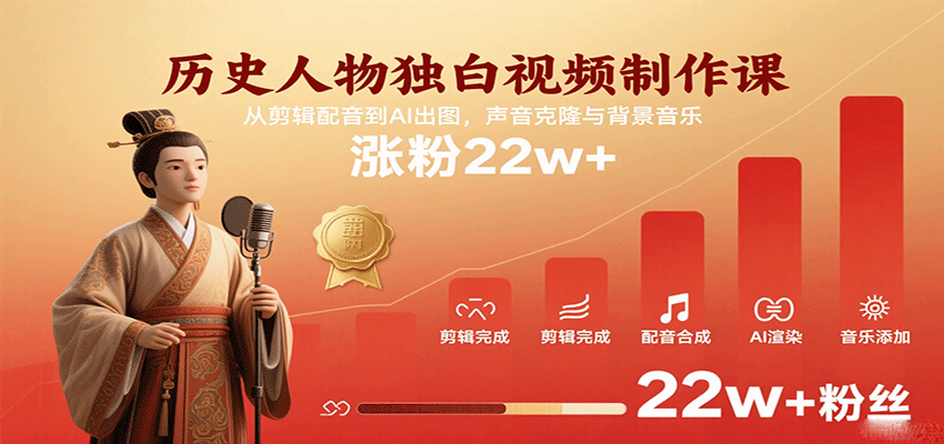 历史人物独白视频制作课，从剪辑配音到AI出图，声音克隆与背景音乐，涨粉22w+-来友网创
