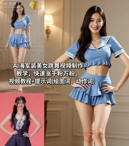 AI海军装美女跳舞视频制作教学，快速涨千粉万粉，视频教程+提示词(绘图词、动作词)-来友网创