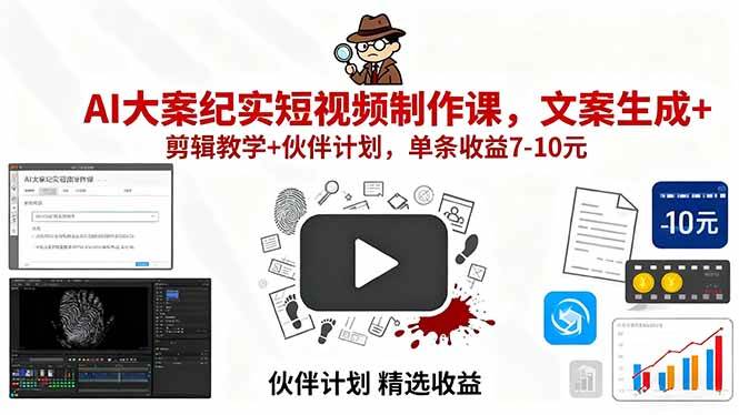 （15992期）AI大案纪实短视频制作课，文案生成+剪辑教学+伙伴计划，单条收益7-10元-来友网创