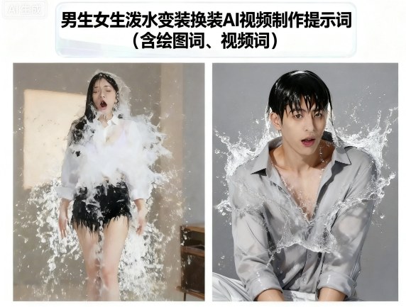男生女生泼水变装换装AI视频制作提示词(含绘图词、视频词)-来友网创