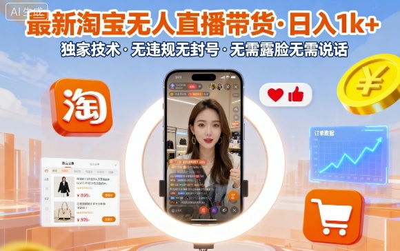 最新淘宝无人直播带货，日入1k+，独家技术，无违规无封号，无需露脸无需说话【揭秘】-来友网创
