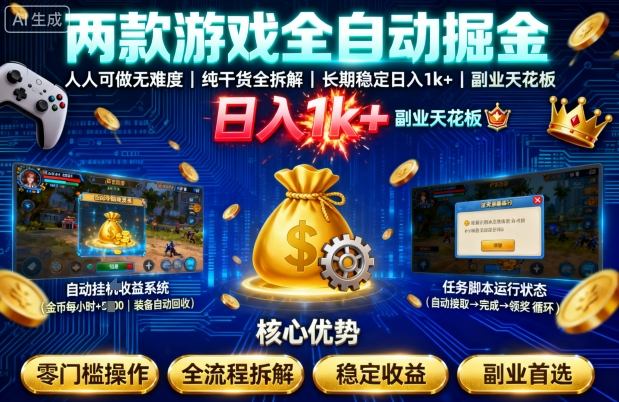 两款游戏全自动掘金，人人可做无难度，纯干货全拆解，长期稳定，日入1k+，副业天花板【揭秘】-来友网创