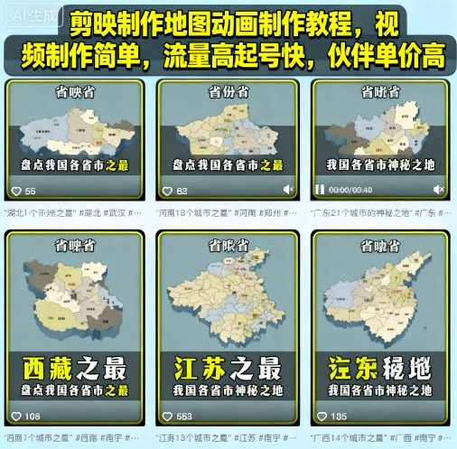 剪映制作地图动画制作教程，视频制作简单，流量高起号快，伙伴单价高-来友网创