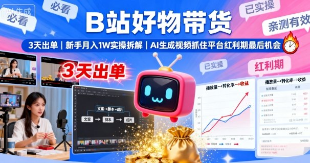 B站好物带货，3天出单，新手月入1W实操拆解，AI生成视频，抓住平台红利期最后机会-来友网创