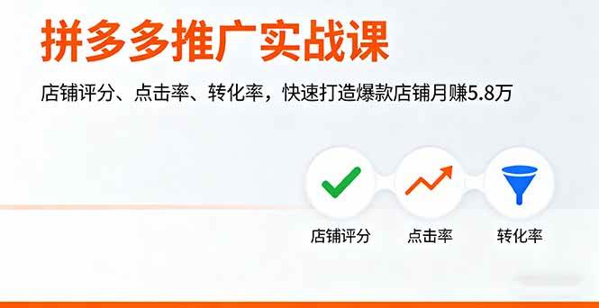 （16115期）拼多多推广实战课，店铺评分、点击率、转化率，快速打造爆款店铺月赚5.8万-来友网创