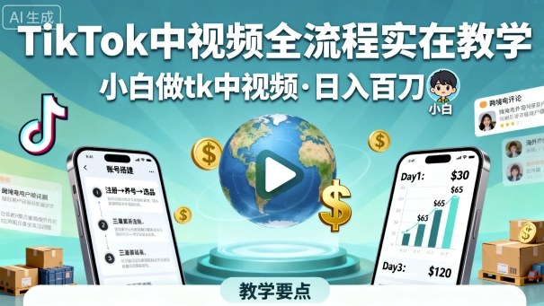 TikTok中视频全流程实操教学，小白做tk中视频，日入百刀-来友网创