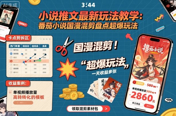 小说推文最新玩法教学，番茄小说国漫混剪盘点超爆玩法，全程干货，一天收益多张-来友网创