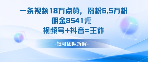 一条视频18W点赞，涨粉6.5W粉佣金8541米，视频号+抖音=王炸-来友网创