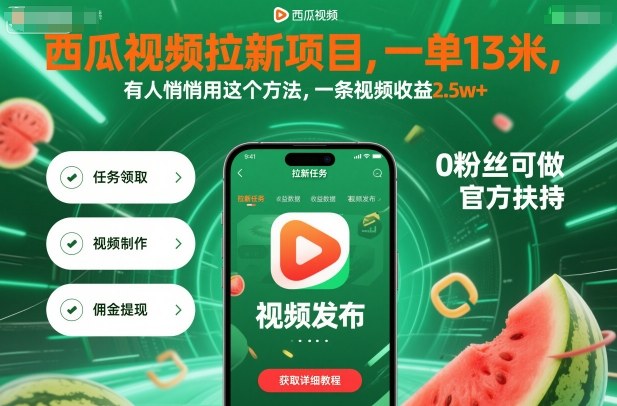 西瓜视频拉新项目，一单13米，有人悄悄用这个方法，一条视频收益2.5w+（附详细教程）-来友网创