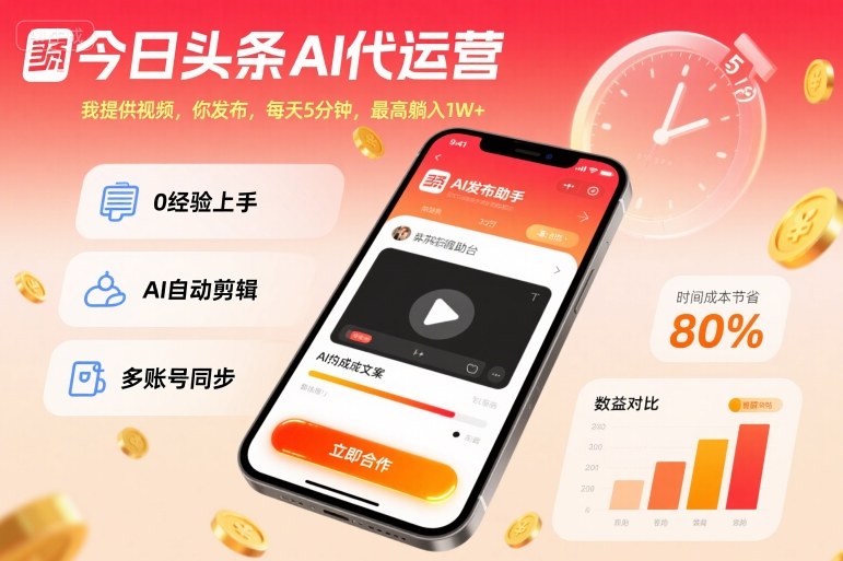 今日头条AI代运营，我提供视频，你发布，每天5分钟，最高躺入1W+【揭秘】-来友网创