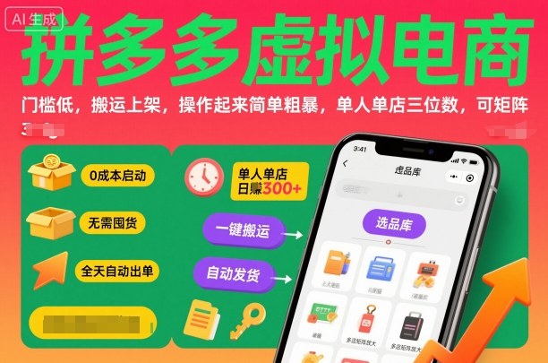 拼多多虚拟电商，门槛低，搬运上架，操作起来简单粗暴，单人单店三位数，可矩阵-来友网创