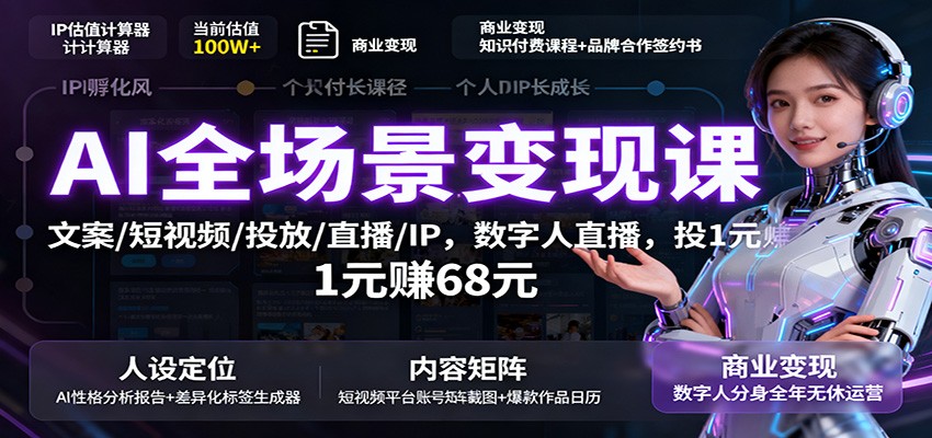 AI全场景变现课：文案/短视频/投放/直播/IP，数字人直播，投1元赚68元-来友网创