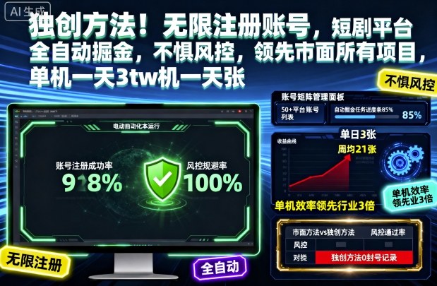 独创方法！无限注册账号，短剧平台全自动掘金，不惧风控，领先市面所有项目，单机一天3张【揭秘】-来友网创