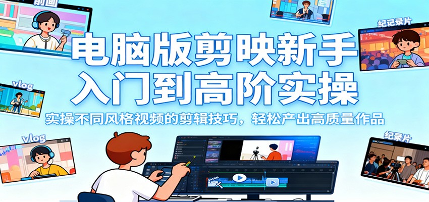 电脑版剪映新手入门到高阶实操，实操不同风格视频的剪辑技巧，轻松产出高质量作品-来友网创