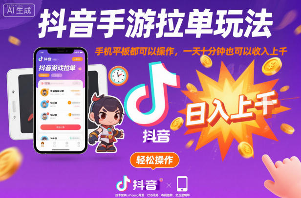 抖音手游拉单玩法，手机平板都可以操作，一天十分钟也可以收入上K【揭秘】-来友网创