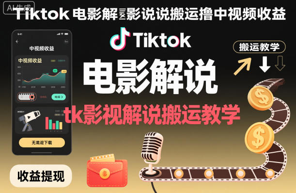 Tiktok电影解说搬运撸中视频收益，tk影视解说搬运教学-来友网创