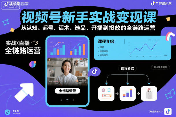 视频号新手实战变现课，从认知、起号、话术、选品、开播到投放的全链路运营-来友网创