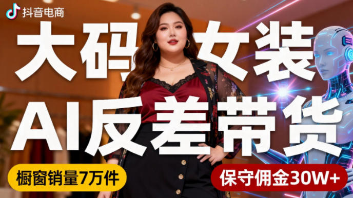 抖音小众赛道，大码女装AI反差带货，不用直播，每天6条作品，橱窗卖7万件，保守佣金30W+-来友网创