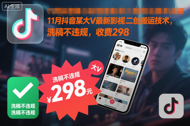 11月抖音某大V最新影视二创搬运技术，洗稿不违规，收费298-来友网创