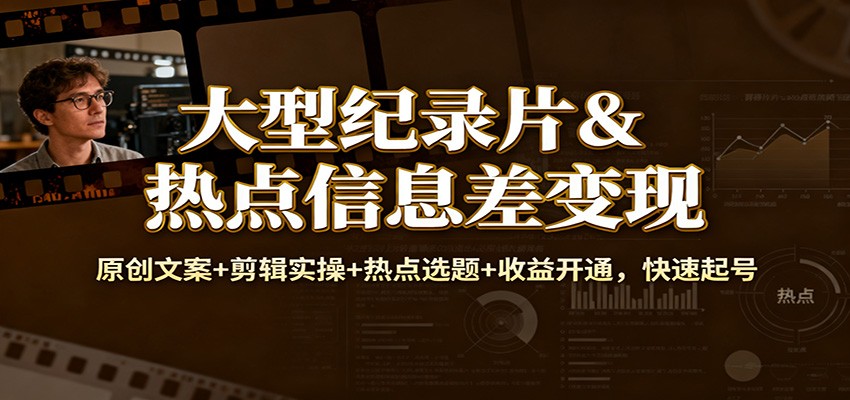 大型纪录片&热点信息差变现：原创文案+剪辑实操+热点选题+收益开通，快速起号-来友网创