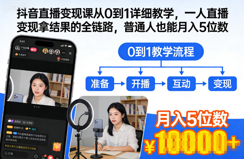 抖音直播变现课从0到1详细教学，一人直播变现拿结果的全链路，普通人也能月入5位数-来友网创