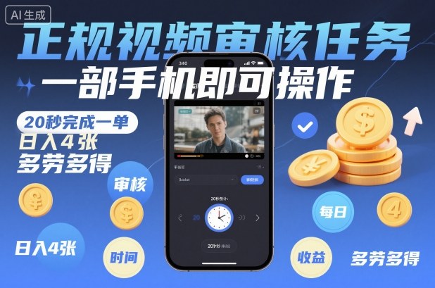 正规视频审核任务，一部手机即可操作，20秒完成一单，日入4张，多劳多得【揭秘】-来友网创