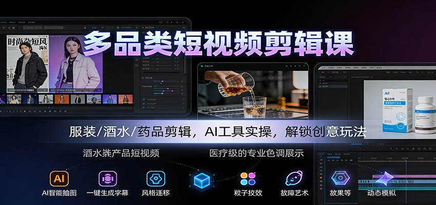 多品类短视频剪辑课：服装/酒水/药品剪辑，AI工具实操，解锁创意玩法-来友网创